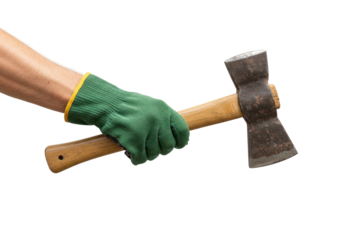 Isolated hand with work glove holding double-bit axe tool for chopping lumber wood logs