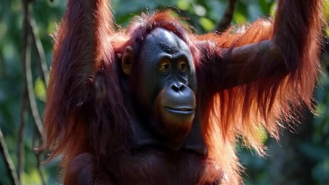 Close-up video shot of an orangutan hanging from a tree, showcasing its expressive face and reddish fur in a lush jungle setting. Live desktop wallpaper.
