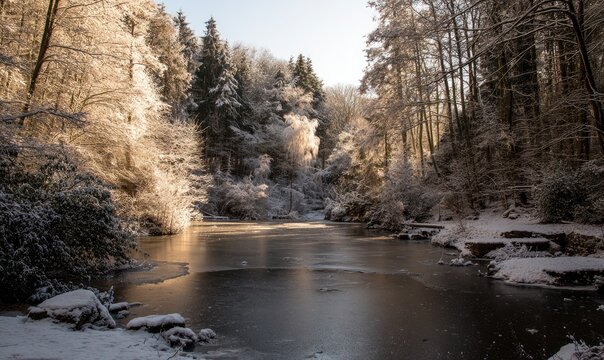 Winter scene featuring frozen lake, snow-covered trees, and warm sunlight - Powered by Adobe
