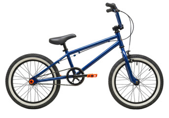 Isolated, blue BMX bike with orange pedals and rear hub, a freestyle bicycle for teens or adults