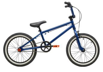Isolated, blue BMX bike with orange pedals and rear hub, a freestyle bicycle for teens or adults