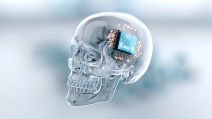 Transparent skull with glowing neural implant chip representing artificial intelligence biotechnology and digital brain technology.