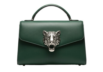 Isolated handcrafted green leather purse with handle and silver tiger head, product shot
