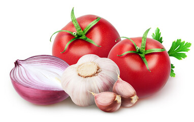 Group of vegetables. Red onion, two tomatoes, garlic with two segments isolated on white background