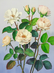 Delicate cream roses bloom abundantly on lush green stems botanical beauty