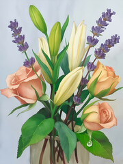 Beautiful arrangement of peach roses lilies and lavender flowers fresh and vibrant
