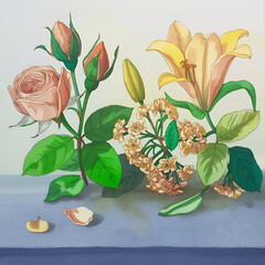 Beautiful still life arrangement of various flowering plants and buds