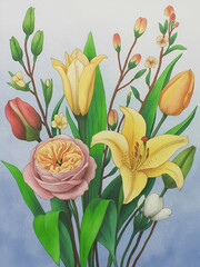 A vibrant bouquet of assorted blooming flowers in delicate pastel colors