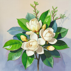 Beautiful cluster of white gardenias with lush green leaves and delicate buds