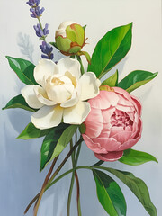 Elegant bouquet of white gardenia and pink peony flowers with lavender sprigs