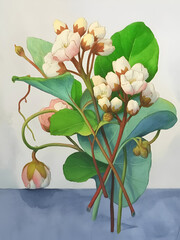 Delicate white flower blossoms and green leaves in a softly lit arrangement