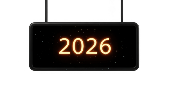 Glowing neon number 2026 on a dark digital display, isolated on transparent background grainy