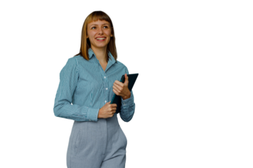 Smiling woman holding a document folder, concept of businesswoman, corporate employee, professional, career ambition, or success