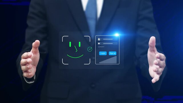 Businessman with facial recognition login and virtual interface for secure access. Concept of biometrics technology, cybersecurity, mobile authentication, digital identity. - Powered by Adobe