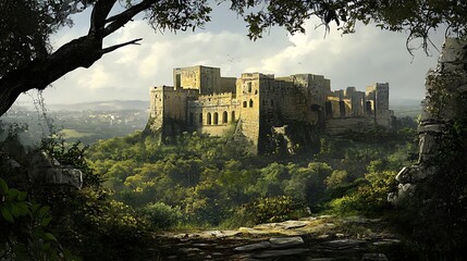 Picturesque view of an ancient stone castle ruin nestled amidst lush greenery, framed by a tree branch, evoking a sense of history and mystery