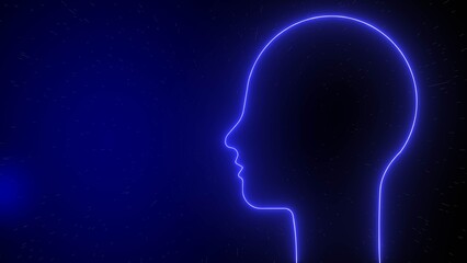 Blue neon outline of a human head profile against a dark starry background image
