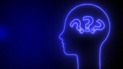 Blue neon outline of a human head profile with three question marks inside on a dark background image