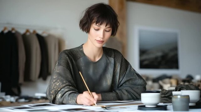 Inside a bright, minimalist design studio, a fashion designer sketches futuristic outfits by hand, surrounded by fabric swatches, coffee cups, and moodboards for the 2025 collectio