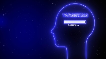 Blue neon outline of a human head with the word targeting and loading bar inside image