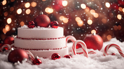 Cylindrical tiered display featuring red holiday baubles, candy canes on snow-covered platform with blurred festive lighting and snowflakes drifting softly