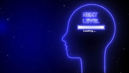 Blue neon outline of a human head with next level loading bar inside image