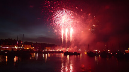 Fireworks over Water: A vibrant display of fireworks illuminates the night sky, reflecting beautifully in the tranquil water below. The festive scene showcases dazzling bursts of color and light.