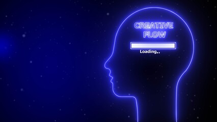 Blue neon outline of a human head with creative flow loading bar inside image