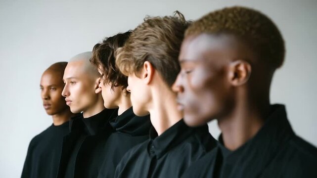 Male models standing in line at a fashion show casting, modern urban fashion style, white backdrop, studio setup, model agency representatives observing, elegant and 