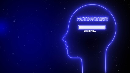 Blue neon outline of a human head with activating loading bar inside image