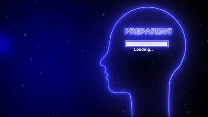 Blue neon outline of a human head with preparing loading bar inside image