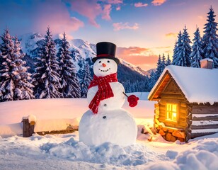 Obraz premium Festive snowman with red scarf and top hat in snowy landscape with cozy log cabin during sunset