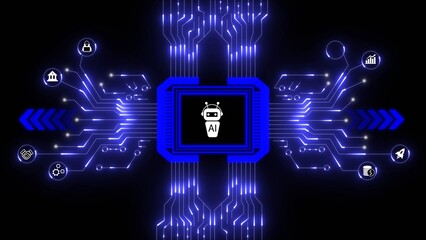 A blue circuit board with a robot icon and ai text in the center technology artificial