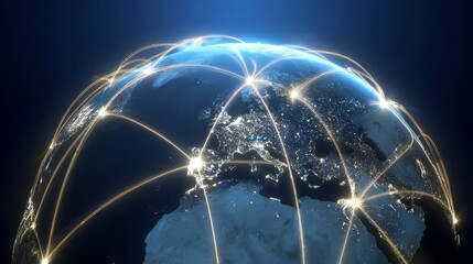 Global connectivity visualization with luminous satellites orbiting Earth and glowing fiber optic lines connecting continents, symbolizing worldwide communication networks and next-generation technolo