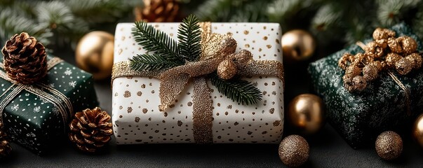 Elegant Christmas gifts with golden decorations and festive evergreen accents