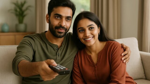 A couple smiles while watching a video, seated on a cozy sofa. The camera angle is straight-on, capturing a warm, intimate living room setting.