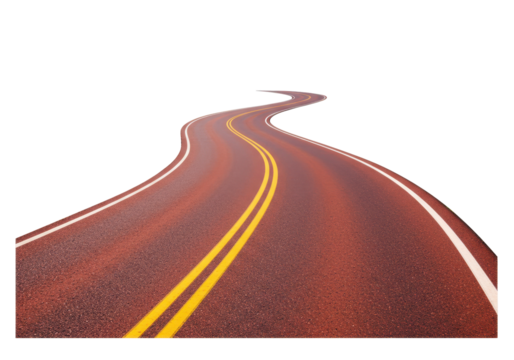 Isolated curved road surface, highway with double yellow centerline for transportation usage