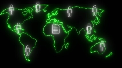 Glowing green world map with white human figures and document icon on black background earth globe