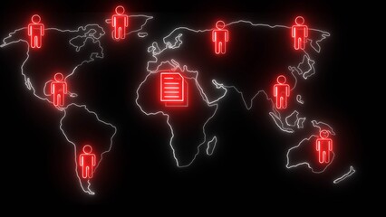 Red neon human icons and document symbol on glowing world map globe earth