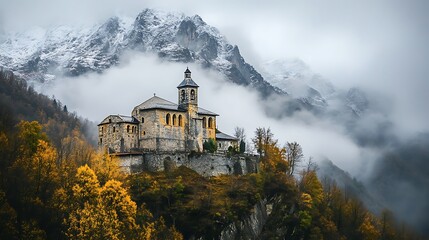 Picturesque view of the historic church of san giorgio in aurisina, italy, nestled on a hill with snowcapped mountains in the background