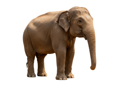Isolated Asian elephant standing alert facing left side, front view, animal wildlife