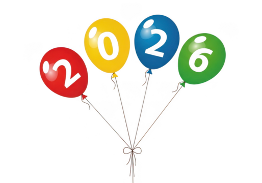Colorful balloons with numbers 2026 floating isolated on transparent background