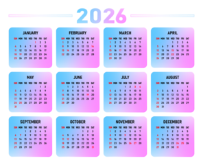 Modern 2026 calendar design in vibrant glass gradient colors with clear monthly layouts, perfect for business planning and digital organization