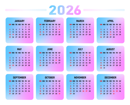 Modern 2026 calendar design in vibrant glass gradient colors with clear monthly layouts, perfect for business planning and digital organization
