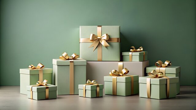 Elegant green gift boxes with golden ribbons for a festive celebration
