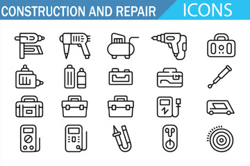 Construction and Repair Tools Icons Collection - Line Art of Various Equipment for Building and Maintenance Projects
