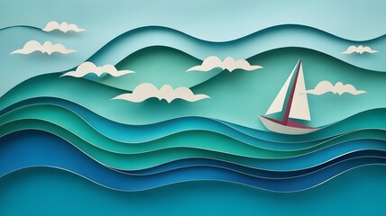 Serene sailboat sailing on vibrant ocean waves with whimsical cloudscape, perfect for travel adventure campaigns and inspiring dreams of nautical exploration