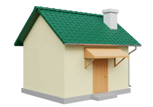 Isolated small residential house exterior with green roof and chimney against neutral sky