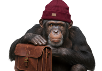 Isolated chimp with a briefcase wearing a beanie for business or casual use; animal theme