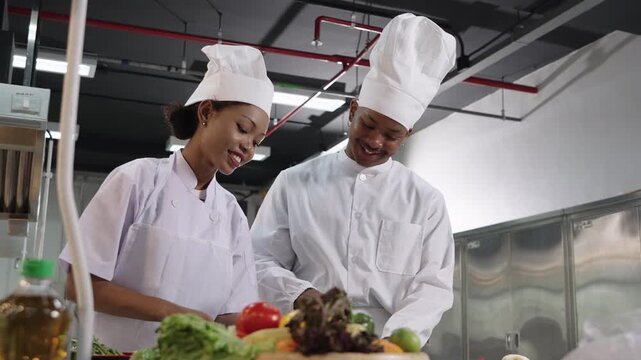 African American male and female chefs wearing uniforms talking happily while preparing food together in a commercial kitchen, teamwork and culinary passion.
