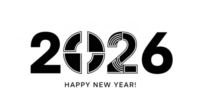 Happy new year 2026 text with stylized black numbers, isolated on transparent background grainy